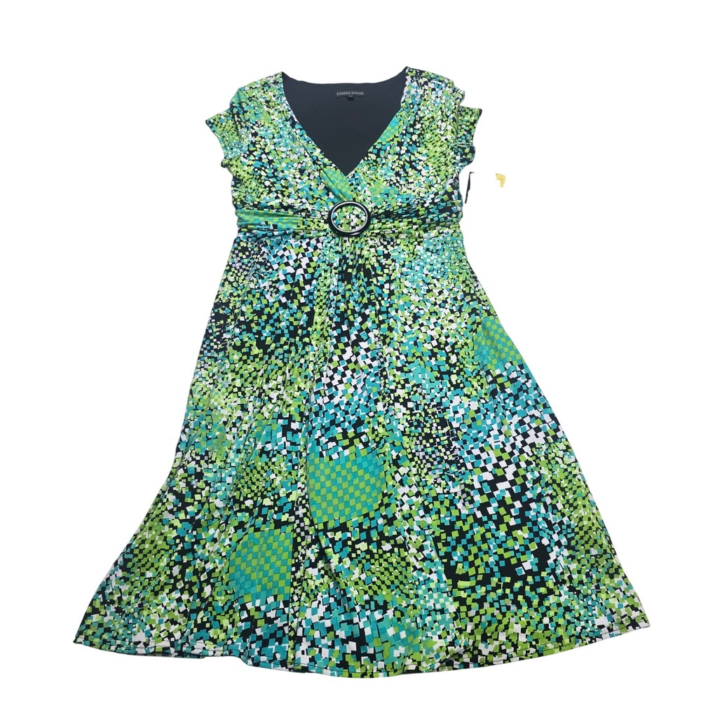Sandra Darren Dress Womens 10 Green Mosaic Print NWT V-Neck‎ O-Ring Fit & Flare